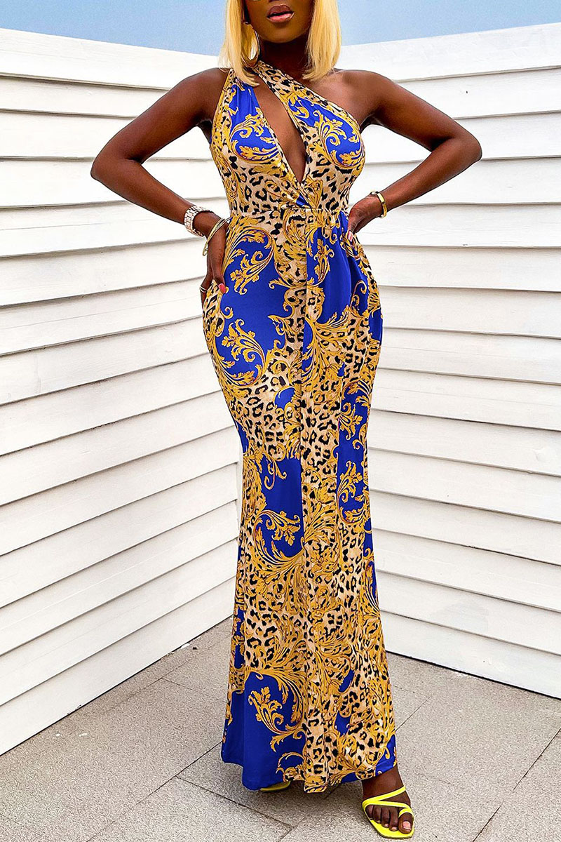 

Blue Sexy Print Hollowed Out Split Joint Oblique Collar Straight Dresses