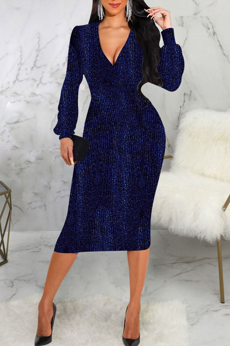 

Blue Sexy Solid Split Joint V Neck Pencil Skirt Dresses