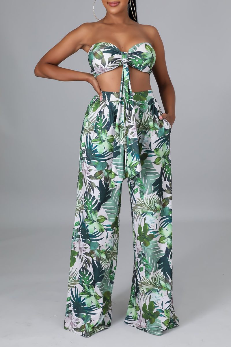 

Green Vacation Print Bandage Strapless Sleeveless Two Pieces