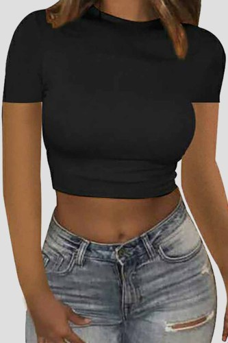 Black Fashion Casual Solid Basic O Neck T-Shirts