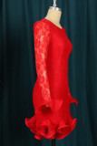 Vestidos vermelhos sexy sólidos com retalhos transparentes com babados e saia de um passo