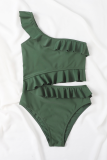 Green Casual Vacation Solid Flounce Swimwears