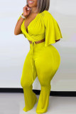 Yellow Fashion Casual Solid Frenulum V Neck Half Sleeve Two Pieces