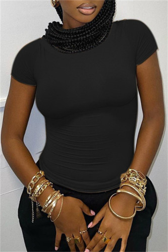 Black Fashion Casual Solid Basic O Neck T-Shirts
