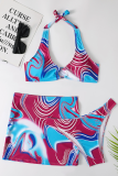 Rose Red Sexy Vacation Print Patchwork Swimwears