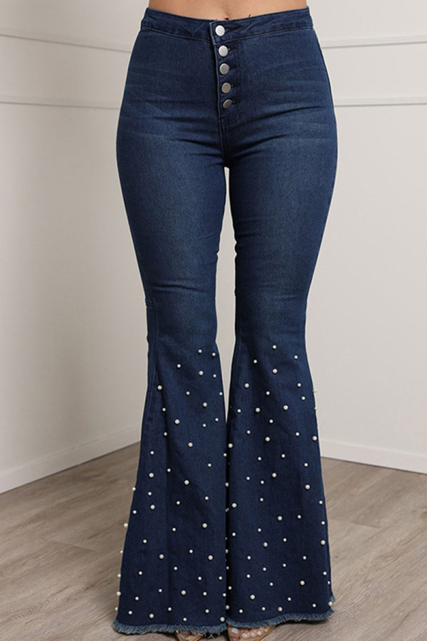 Diepblauwe casual straat effen patchwork kralen hoge taille denim jeans met hoge taille