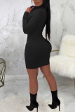 Black Sexy Solid Patchwork Zipper Collar One Step Skirt Dresses