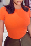 Оранжевые модные повседневные однотонные базовые футболки с круглым вырезом