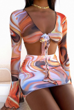 Oranje sexy doorzichtige badkleding met vakantieprint en patchwork