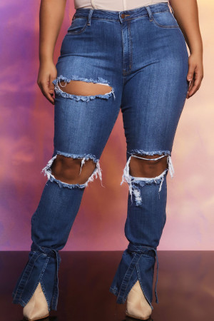 Blue Fashion Casual Solid Slit Mid Waist Regular Ripped Denim Jeans