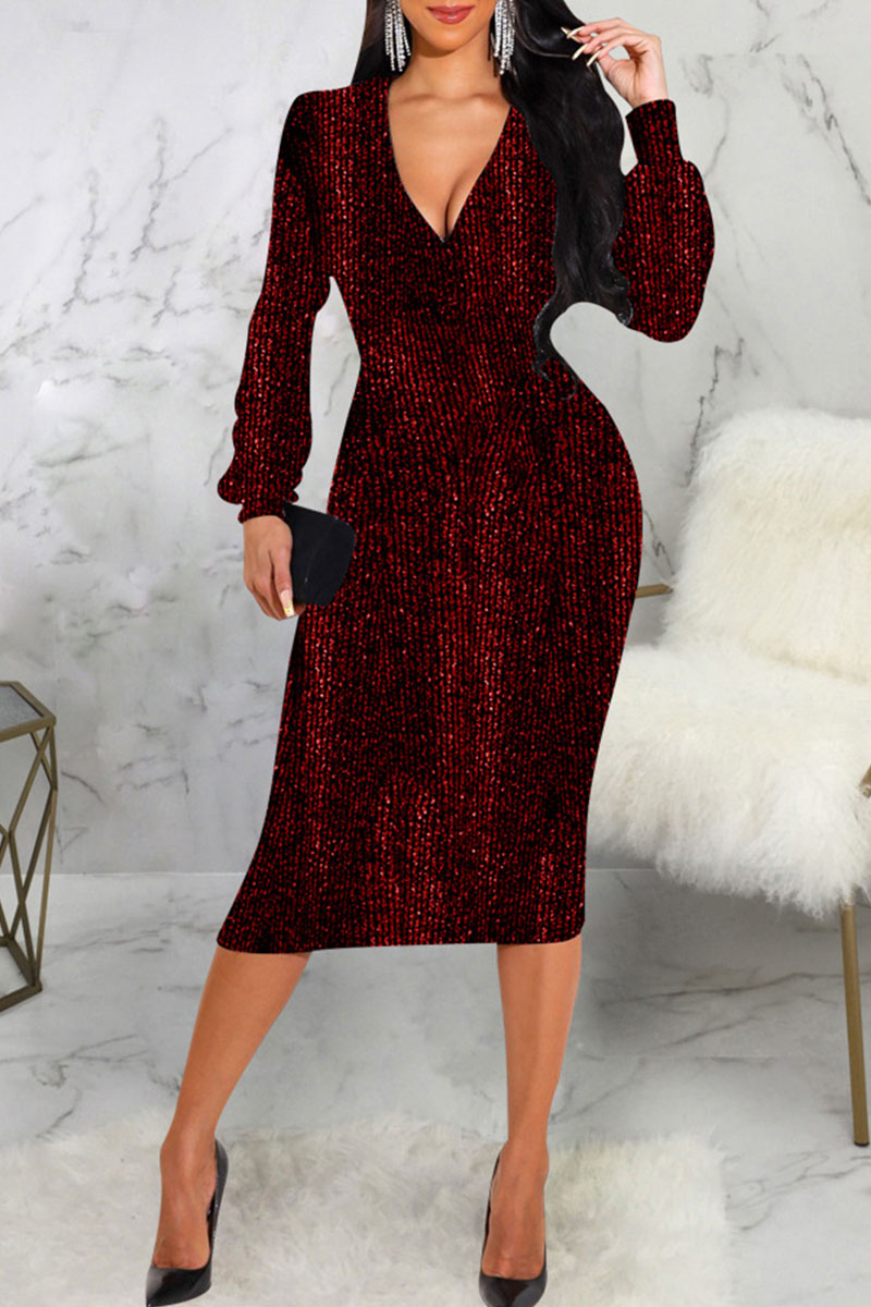 

Red Sexy Solid Split Joint V Neck Pencil Skirt Dresses