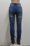 Blaue, modische, lässige, solide, zerrissene, normale Denim-Jeans mit mittlerer Taille