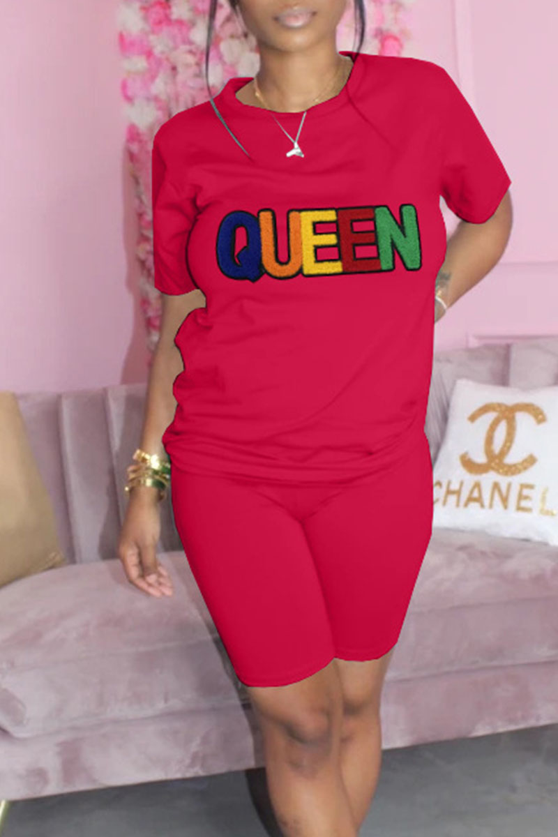 

Red Casual Solid Embroidered Split Joint O Neck Short Sleeve Two Pieces