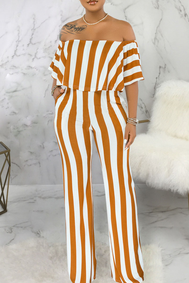 

Earth Yellow Fashion Casual Striped Print Split Joint Off the Shoulder Straight Jumpsuits