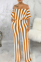 Earth Yellow Fashion Casual Striped Print Patchwork Off the Shoulder Straight Jumpsuits