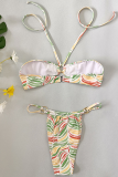 Colour Sexy Vacation Print Bandage Patchwork Swimwears