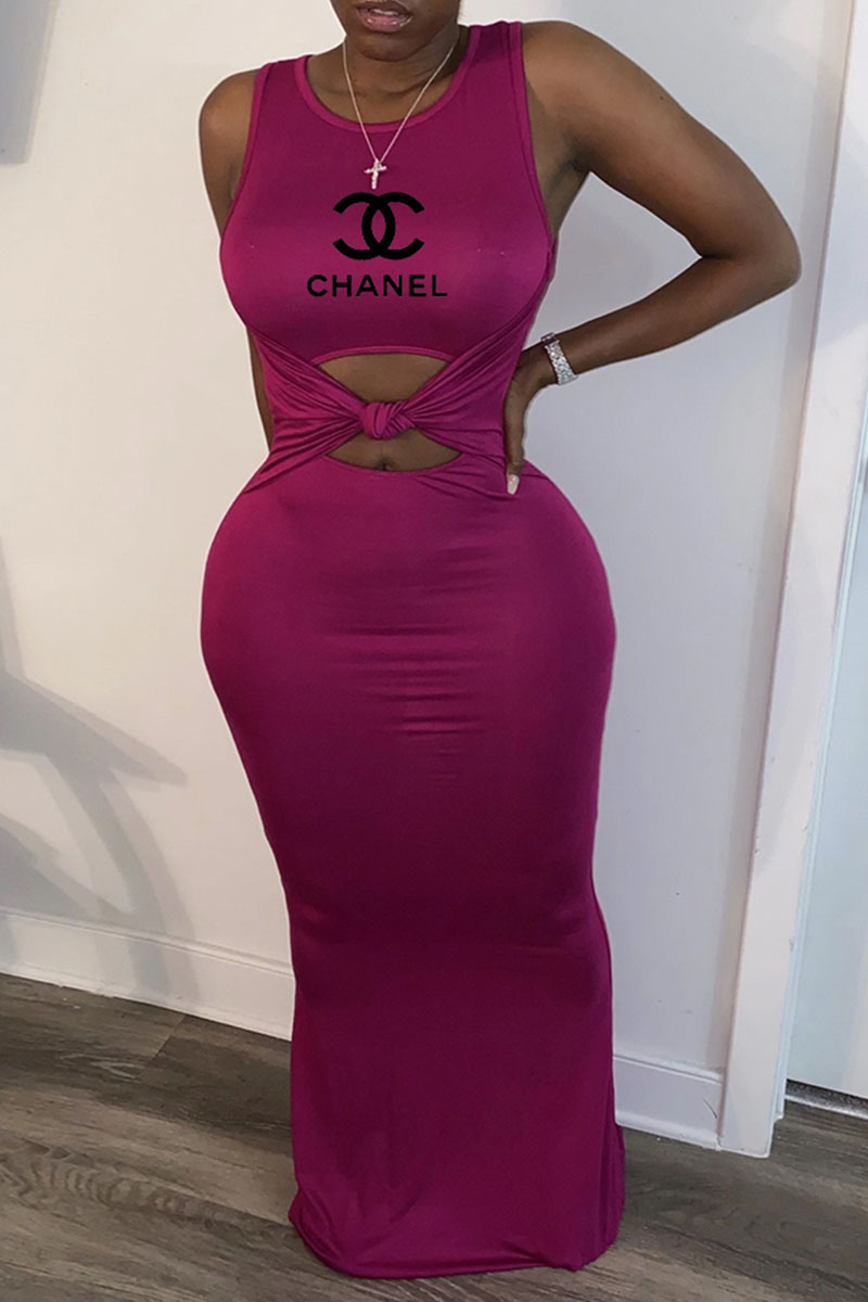 

Rose Red Fashion Casual Print Letter O Neck One Step Skirt Dresses