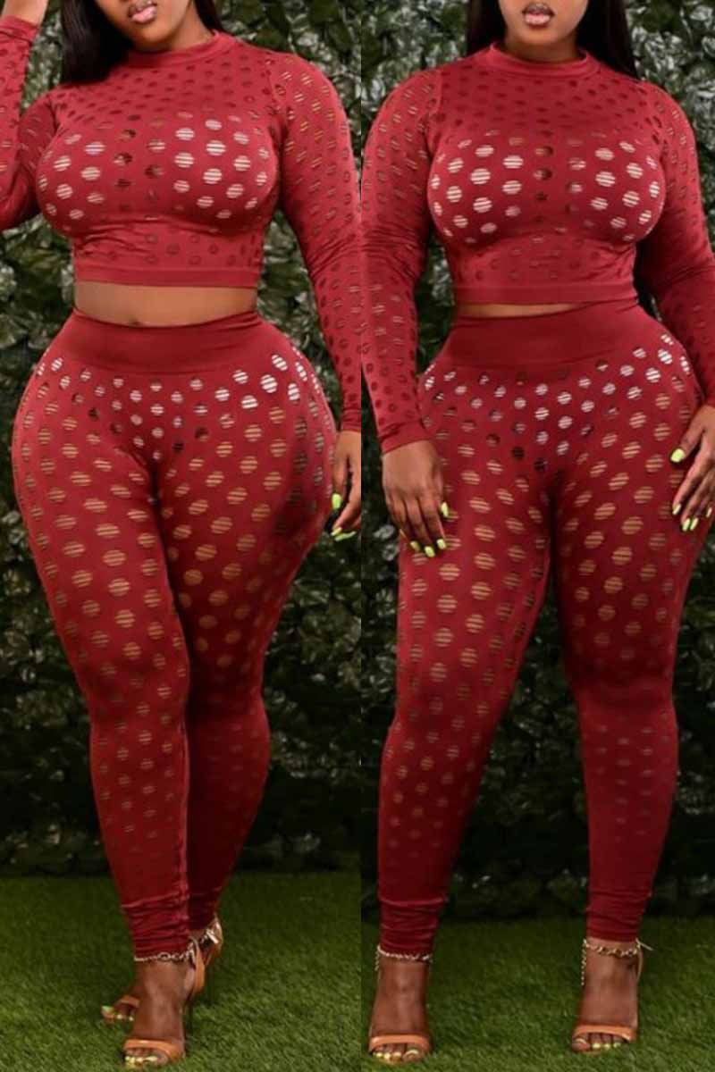 

Red Fashion Sexy Solid Hollowed Out See-through O Neck Plus Size Two Pieces