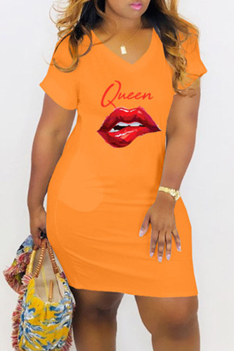 Tangerine Red Casual Print Patchwork O Neck Straight Dresses