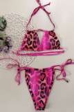 Roze mode vakantie luipaard patchwork zwemkleding met trekkoord