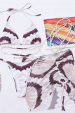 Costumi da bagno sexy kaki con stampa tie-dye, patchwork, disegni con cordino