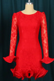 赤いセクシーな無地パッチワーク シースルー フリル ワンステップ スカート ドレス