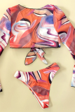 Orange Sexy Vacation Print Patchwork See-through Swimwears