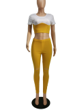 Yellow Casual Solid Hollowed Out O Neck Short Sleeve Two Pieces