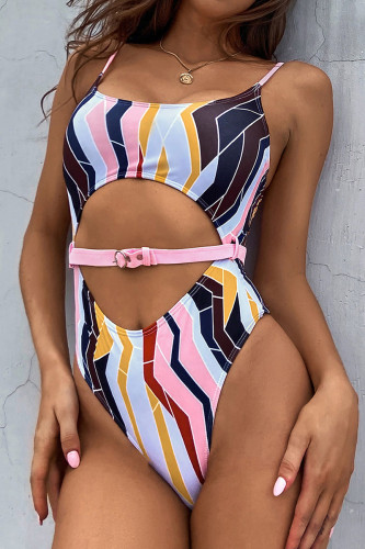 Colour Sexy Print Hollowed Out Patchwork Swimwears