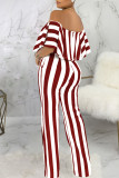 Grey Fashion Casual Striped Print Patchwork Off the Shoulder Straight Jumpsuits