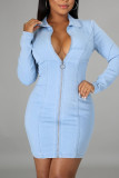 Blue Sexy Solid Patchwork Zipper Zipper Collar Long Sleeve Regular Denim Dresses