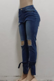 Blue Fashion Casual Solid Ripped Slit Mid Waist Regular Denim Jeans