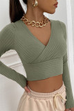 Green Fashion Casual Solid Patchwork V Neck Tops