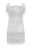 ホワイトファッションセクシーなソリッドタッセルパッチワークバックレスオフショルダーペンシルスカートドレス