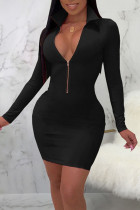 ブラック セクシー ソリッド パッチワーク ジッパー カラー ワン ステップ スカート ドレス