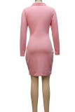 Розовые сексуальные однотонные лоскутные платья с воротником-молнией и юбкой в ​​один шаг