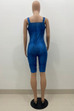 Blue Sexy Solid Patchwork Zipper Collar Skinny Rompers