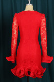 Красные сексуальные однотонные лоскутные прозрачные платья-юбка с воланами на один шаг