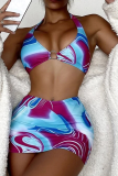 Blue Sexy Vacation Print Patchwork Swimwears