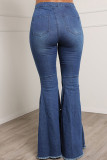 Azul profundo casual rua sólido retalhos miçangas cintura alta corte bota jeans jeans