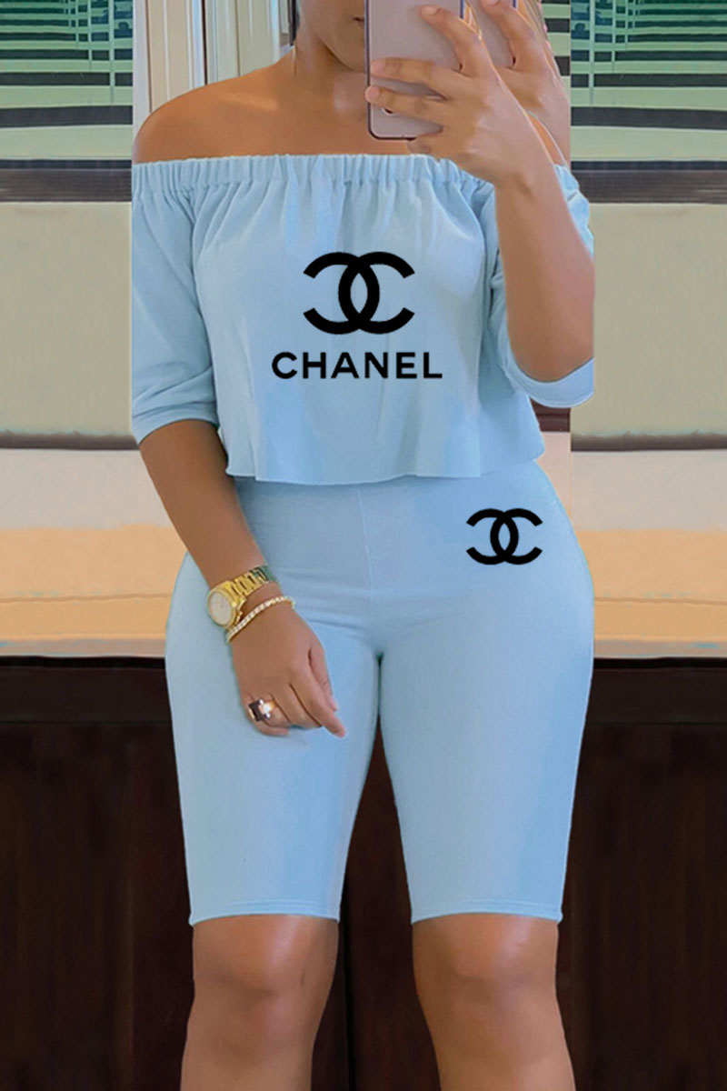 

Light Blue Fashion Casual Print Letter Off the Shoulder Short Sleeve Two Pieces