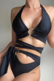 Black Sexy Vacation Solid Bandage Hollowed Out Swimwears