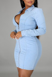 Blue Sexy Solid Patchwork Zipper Zipper Collar Long Sleeve Regular Denim Dresses