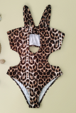 Leopard Print Sexy Vacation Leopard Hollowed Out Patchwork Swimwears