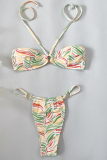 Colour Sexy Vacation Print Bandage Patchwork Swimwears