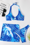 Blue Red Sexy Vacation Print Patchwork Swimwears