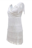 ホワイトファッションセクシーなソリッドタッセルパッチワークバックレスオフショルダーペンシルスカートドレス