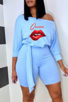 Light Blue Casual Print Bandage Patchwork Off the Shoulder Straight Rompers