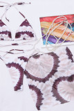 Khaki Sexy Print Tie Dye Bandage Patchwork Draw String Fold Swimwears