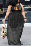 Black Casual Solid Embroidered Patchwork Beading U Neck A Line Plus Size Dresses